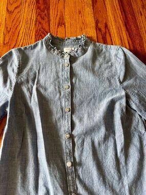 J. Crew Chambray Ruffle Collar Jewel Button-Front Blouse - Small